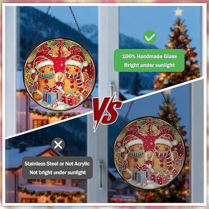 Christmas Decorations Stained Glass Window Hanging, Gingerbread Candy Cane Christmas Suncatcher for Window Hanging, Suncatchers Indoor Windows Wall Art for Mom Grandma, for Home Office 7.87 inches