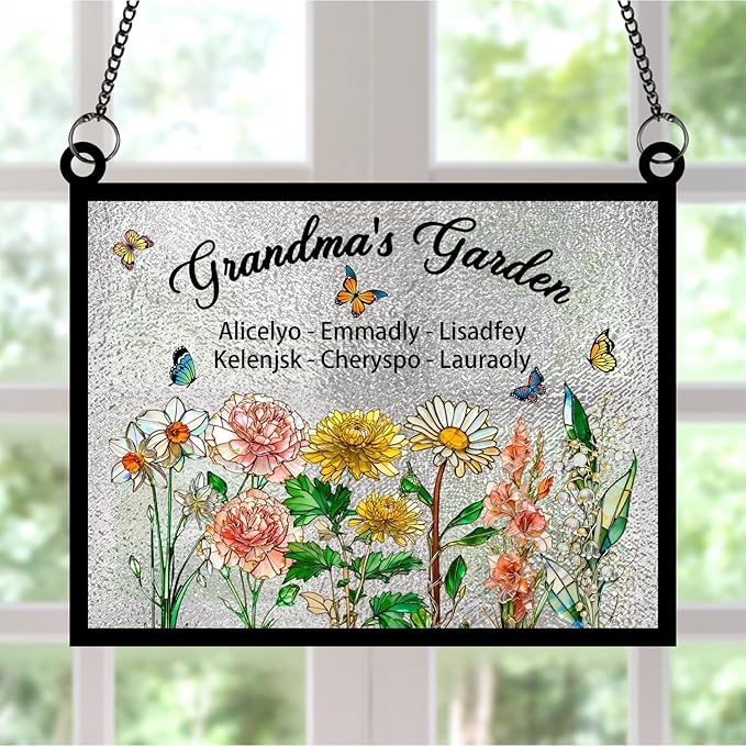 Personalized Grandmas Garden Stained Glass Suncatchers, Custom Name Birth Month Flowers Window Hanging Ornament, Mothers Day Christmas Birthday Gifts for Grandma Mom Nana Mimi (Rectangle 3)