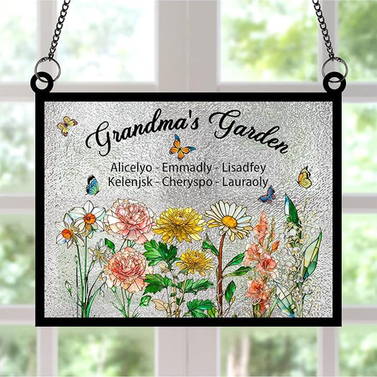 Personalized Grandmas Garden Stained Glass Suncatchers, Custom Name Birth Month Flowers Window Hanging Ornament, Mothers Day Christmas Birthday Gifts for Grandma Mom Nana Mimi (Rectangle 3)