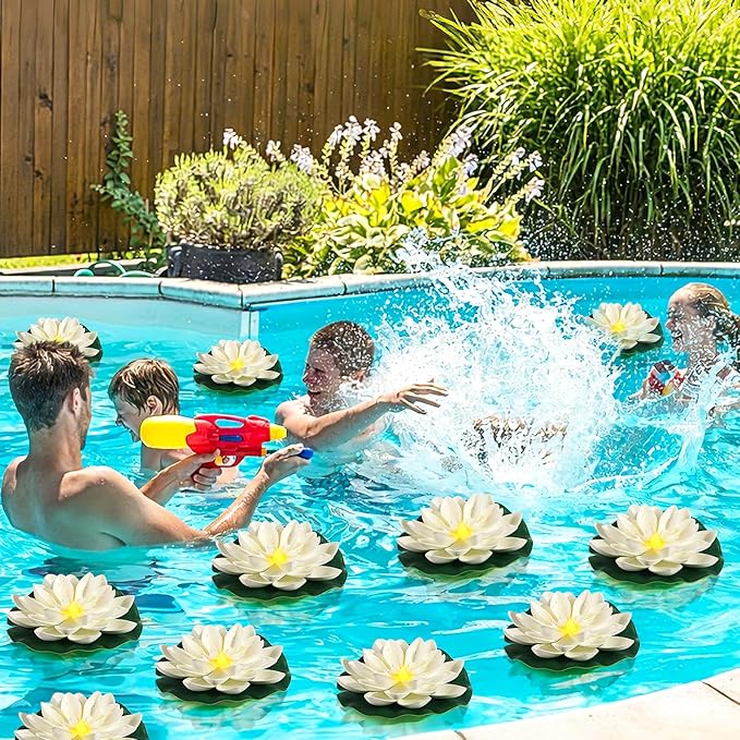 LACGO 24 PCS Water Activated Floating Lights - 6'' Waterproof Floating Lotus Light Battery Operated Artificial Floating Flowers for Pool Wedding Anniversary Garden Decoration(6 Inch, White)