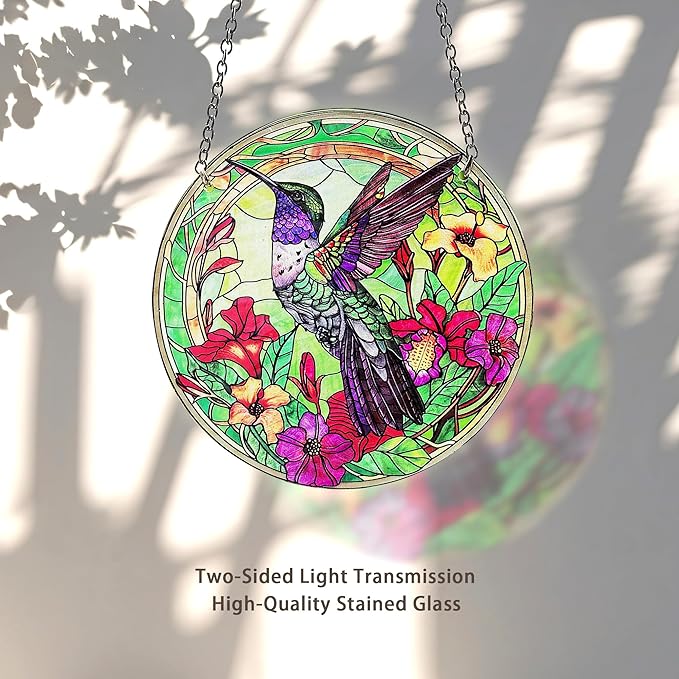 Hummingbird Stained Glass Decor for Women, Bird Lovers Suncatcher. Green Birds Art Walldecor.