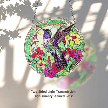 Hummingbird Stained Glass Decor for Women, Bird Lovers Suncatcher. Green Birds Art Walldecor.