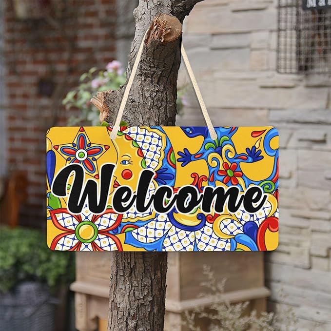Kigai Welcome Sign Mexican Talavera Front Door Sign, Waterproof Wall Hanging Plaque for Housewarming, Farmhouse Porch Yard Garden Home Decor, 11 x 6 Inch