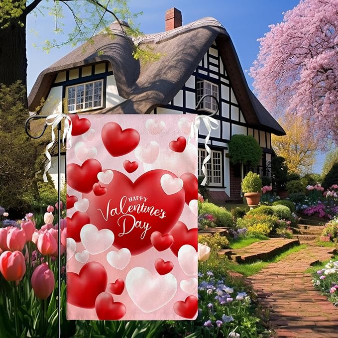 Happy Valentine's Day Garden Flag Red And White Love Hearts Yard Flag 12 x 18 Inch Love Combination Valentine Garden Flags Double Sided Polyester Vertical House Banner for Holiday Wedding