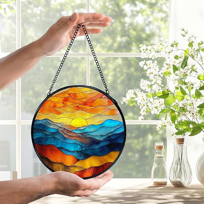 Mountain Sunset Suncatchers Stained Glass Window Hanging, Nature Mountain Landscape Sun Catchers Indoor Window Glass Round Wall Decor, Nature Wall Hanging Decorations, 7.9x7.9in