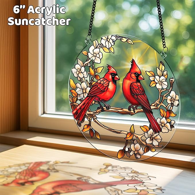 2 Cardinal Butterfly Acrylic Suncatchers, 6" Suncatchers for Window Hanging Indoor, Art Decor for Home, Garden, Housewarming, Gift for Mom, Grandma, Women, Friend, Bird Lover SCB-A6-B3
