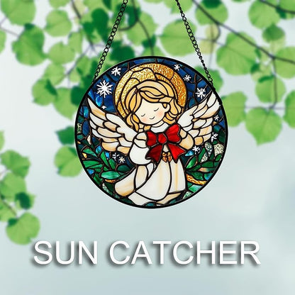 Stained Glass Window Hanging Jesus Cute Angel 7.8" - White Angel Suncatcher Door Garden Sun Catcher Home Decor Birthday Christmas for Mom Men Woman Nana Friend Girl