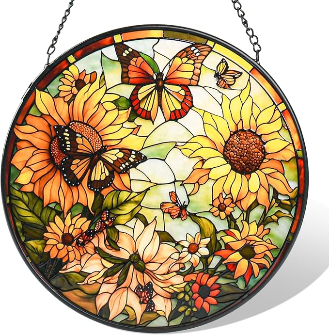 Sunflower Stained Glass Window Hanging,Flowers and Butterfly Sun Catcher for Door Terrace Garden Kitchen Home Decor,Suncatchers for Christmas Mother's Day Birthday Valentine's Day Festival Gift 7.8 in
