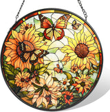 Sunflower Stained Glass Window Hanging,Flowers and Butterfly Sun Catcher for Door Terrace Garden Kitchen Home Decor,Suncatchers for Christmas Mother's Day Birthday Valentine's Day Festival Gift 9.8 in