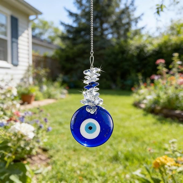 4.5inch Blue Glass Evil Eye Talisman with Crystal Beads - Good Luck Charm, Home, Office, Car Decoration, Blessing Ornament for Christmas Tree, Reflects Negative Energy