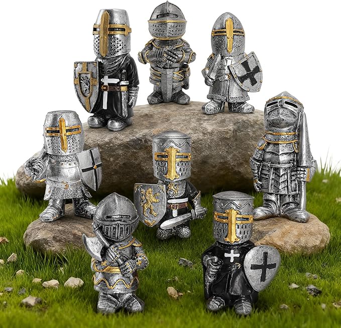 Knight Gnomes Guard Garden Statues 2021 Christmas Guardians Gnomes, Renaissance Medieval Cross Templar Crusader Figurine, Armor Miniature European Knights Sculpture for Yard Lawn Art Decor (8 pcs)
