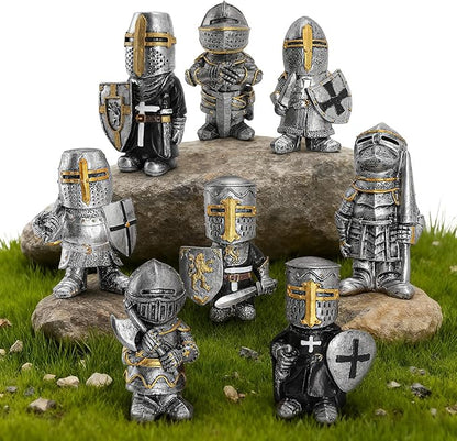 Knight Gnomes Guard Garden Statues 2021 Christmas Guardians Gnomes, Renaissance Medieval Cross Templar Crusader Figurine, Armor Miniature European Knights Sculpture for Yard Lawn Art Decor (8 pcs)