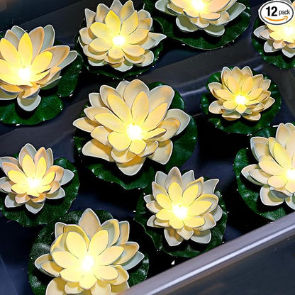 12PCS Waterproof Floating Lotus Light, 5’’+ 6’’ Floating Lily Lights Water Activated Artificial Flowers Battery Operated Warm White Light for Wedding Pool Anniversary Garden Decor