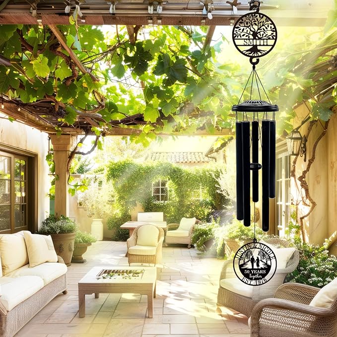 Personalized 50th Anniversary Wind Chimes, 37" Golden Wedding Wind Chime with Custom Family Name Metal Sign,50 Years Together Gift for Parents Grandparents Couples, Outdoor Garden Decor