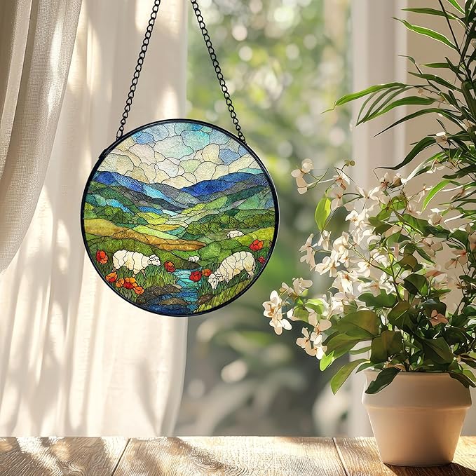 Green Irish Hills Sheep Suncatcher Stained Glass Window Hanging, Mountain Landscape Sun Catchers Indoor Window Glass Wall Art Decor, Irish Wall Hanging Decor Decorations, 7.9x7.9 Inch