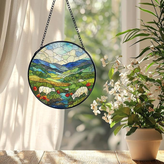 Green Irish Hills Sheep Suncatcher Stained Glass Window Hanging, Mountain Landscape Sun Catchers Indoor Window Glass Wall Art Decor, Irish Wall Hanging Decor Decorations, 7.9x7.9 Inch
