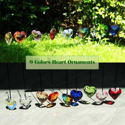 LONGSHENG - SINCE 2001 - Pack of 9 Crystal Suncatchers Colorful Heart Chandelier Prisms Stained Glass Pendants Parts Hanging Window Home Decor Crystal Ornaments
