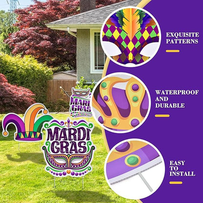 10 Pieces Mardi Gras Decorations Outdoor Yard Garden Porch Sign - Large Festive Mask, Jester, Crown, Drum, and Hat Masquerade Design Signs with Stakes for Outside Carnival Patio Pathway Lawn Decor