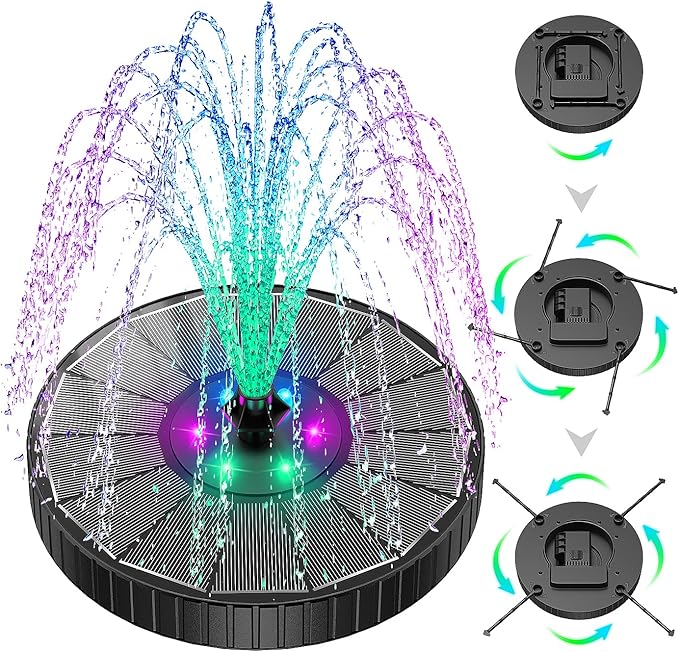 SZMP 3.5W Glass Solar Fountain with Swivel-Out Fixed Rods, Solar Bird Bath Fountains with LED Lights and 2000mAh Battery, 7 Nozzles, Outdoor Solar Water Fountain Pump for Garden, Pool, Pond (Black)