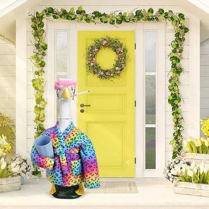 23 Inch Porch Goose Statue Outfits Set Neon Rainbow Leopard Porch Goose Bathrobe Costumes with Clothes & Accessories for Patio Yard Garden Lawn Outdoor Decoration