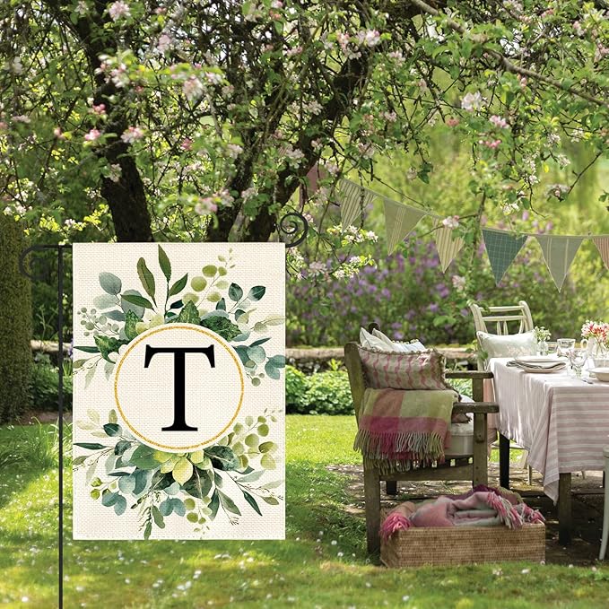 AVOIN colorlife Monogram Letter T Floral Garden Flag 12x18 Inch Double Sided Outside, Family Last Name Initial Yard Outdoor Decoration