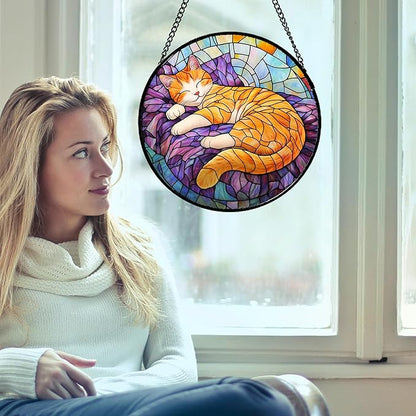 Stained Glass Window Hanging Sleeping Orange Cat 6.3" - Memorial Gift Suncatcher Door Sun Catcher Decor Birthday Christmas for Lost Pets Mom Men Woman Friend