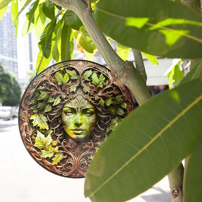 Christmas Green Women Stained Glass Suncatcher, 10" Tree Man Window Decor Hanging Stained Glass Sun Catcher Garden Room Hanging Tree Faces Decoration Indoor Outdoor Garden Decor Gift for Women