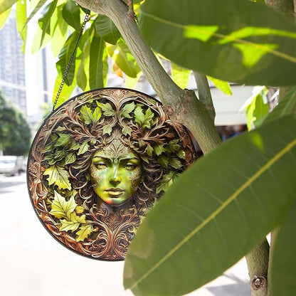Christmas Green Women Stained Glass Suncatcher, 10" Tree Man Window Decor Hanging Stained Glass Sun Catcher Garden Room Hanging Tree Faces Decoration Indoor Outdoor Garden Decor Gift for Women