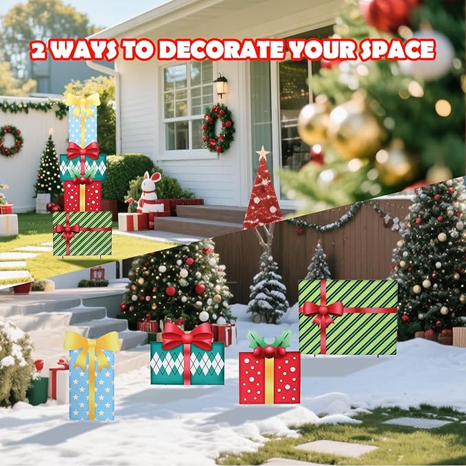 WONDER GARDEN Christmas Yard Signs, Metal Gift Boxes Yard Stakes Christmas Outdoor Decorations Freely Mix and Match for Xmas Holiday Outdoor Garden Lawn Pathway Decor