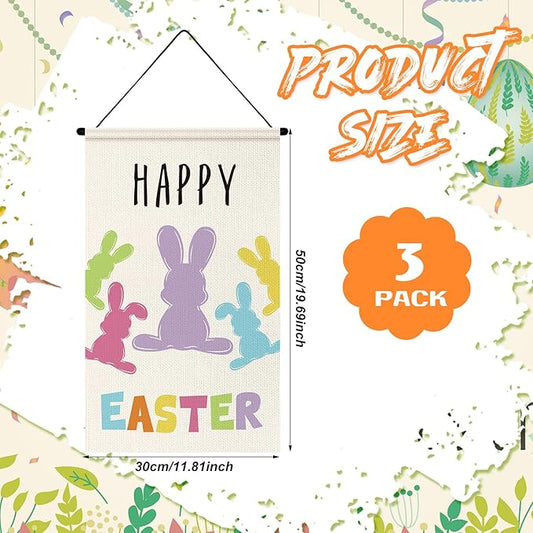 Tegeme 3 Pcs Happy Easter Door Sign Flag Welcome Easter Door Banner Bunny Wall Hanging Ornaments Flag for Party Holiday Outdoor Indoor Home Decoration