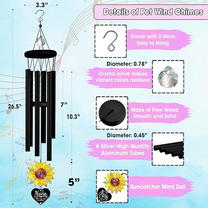 Personalized Grandma Sunflower Wind Chimes for Outside, Custom Crystal Suncatcher Ornament You are My Sunshine, Mother's Day Birthday Gift for Women, Mom, Outdoor Chimes Hanging, Nana Garden Décor