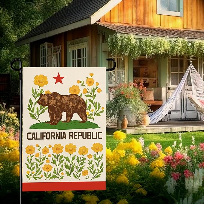 California Bear Flag Garden Flag with California Poppy Golden State Patriotic Republic Home Welcome Flags Front Porch Patio Decor Seasonal Flower CA Heavy Duty House Banner 12x18 Inch