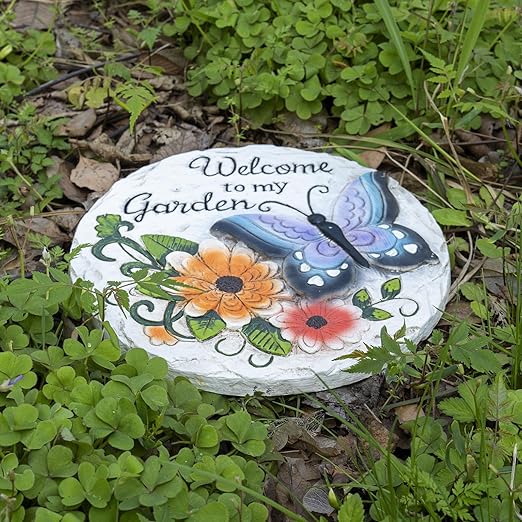 Garden Stepping Stones Outdoor Butterfly Step Stones for Walkway Gardening Gifts Welcome to My Garden Decorative Round Concrete Stones for Outside Yard Stone