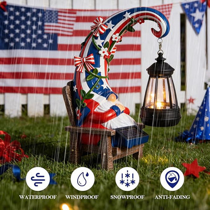 WDS WONDROUS Solar Garden Gnome Statue Decor with LED Lights 4th of July Gnome Decorations for Yard Outdoor Patio Lawn Balcony Decor Birthday Gift for Woman Grandma Outside Independence Day Sulptures