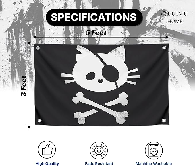 3x5 Feet Pirate Cat Skull and Crossbone Home Polyester Flags with 4 Brass Grommets - Decorative Home Fall Single Sided Flags for Infoor or Outdoor - Garden Yard Porch Patio Banner for Decor