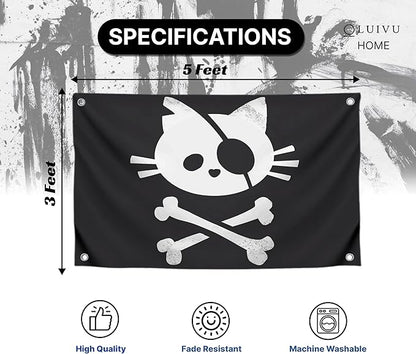 3x5 Feet Pirate Cat Skull and Crossbone Home Polyester Flags with 4 Brass Grommets - Decorative Home Fall Single Sided Flags for Infoor or Outdoor - Garden Yard Porch Patio Banner for Decor