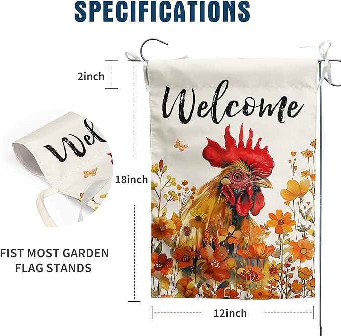 Chicken Fall Garden Flag Autumn Rooster Yard Sign Orange Floral Thanksgiving Outdoor Banners for Outside 12x18 Double Sided Small Wild Flower Lawn Decorations