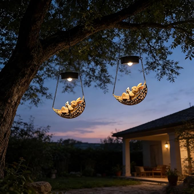 Solar Hanging Garden Lantern with Bunny Decoration,Solar Hanging Statue Light,Outdoor Hanging Decorations for Garden, Fence, Porch, Patio, Yard Decor