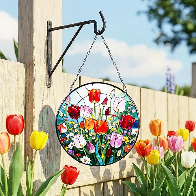 Stained Glass Window Hanging, Colorful Tulips Suncatcher 7.8 in Sun Catcher Glass Panel Boho Wall Art Decor with Chain Diamond Glass Panel Hangings Scenery Sun Catchers Decor for Lover Couple Mom