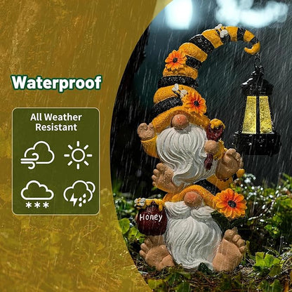 Solar Bee Garden Gnomes with LED Lantern – Waterproof Stacked Outdoor Decor for Yard, Patio – Unique Gnome Gift for Women, Mom, Grandma (Weatherproof Resin, Outdoor Statues)