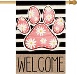 AVOIN colorlife Pink Paw Print Spring House Flag 28x40 Inch Double Sided Outside, Daisy Floral Welcome Stripes Yard Outdoor Flag