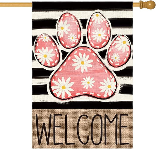 AVOIN colorlife Pink Paw Print Spring House Flag 28x40 Inch Double Sided Outside, Daisy Floral Welcome Stripes Yard Outdoor Flag
