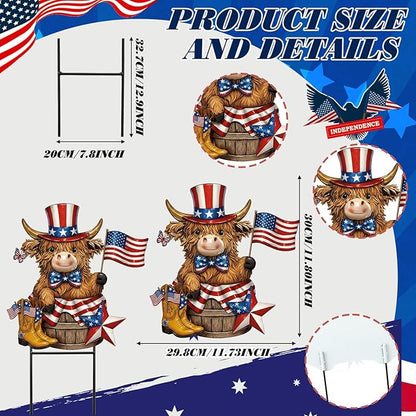 Amyhill 4th of July Highland Cow Outdoor Decor Patriotic Star Metal Garden Stakes Decorative Red White Blue Calf Lovers Yard Signs with Stakes for Independence Day Memorial Day Garden Lawn Decorations