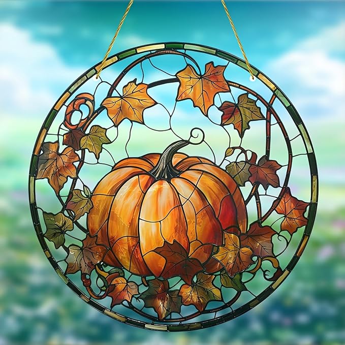 Halloween Suncatcher for Window Hanging Pumpkin Maple Leaves Designs Fall Acrylic Sun Catchers Horror Round Ornament Glass Decoration for Thanksgiving Garden Home Party Supplies 7.87inch