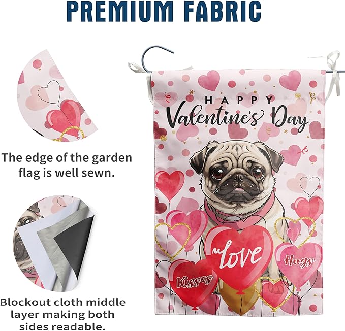 Pug Valentine Garden Flag Valentines Day Flags for Outside 12x18 Double Sided Small Yard Flags Dog Valentine's Day Decor Outdoor Lawn Valentines Banner