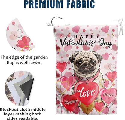 Pug Valentine Garden Flag Valentines Day Flags for Outside 12x18 Double Sided Small Yard Flags Dog Valentine's Day Decor Outdoor Lawn Valentines Banner