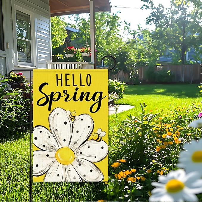 Hello Spring Garden Flags for Outside,Bee Daisy Spring Garden Flag Yard Lawn Porch Flags for Outdoor Decorations 12x18 Inch Double Sided