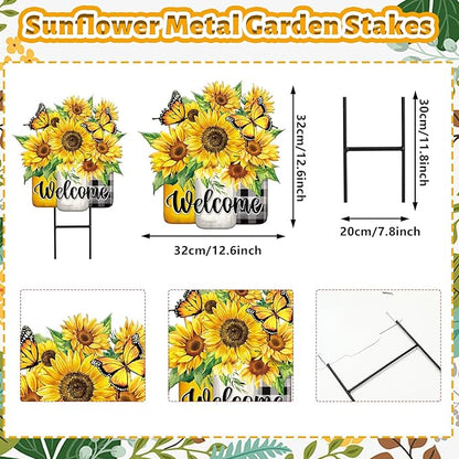 JarThenaAMCS Summer Sunflower Metal Garden Stakes Flower Welcome Yard Sign Watercolor Floral Vase Decorative Lawn Sign for Home Outside Lawn Porch Decor