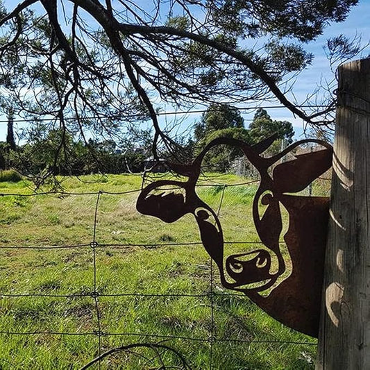 Farm Peeping Cow Metal Art Outdoor Decor Garden Fence Decoration, Farmhouse Backyard Hang Artwork Wall Decor, Outdoor Yard Patio Lawn Statue Gift for Loved Dad Grandpa (Cow)