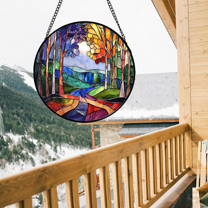 DASTOLL Stained Glass Window Hanging, Colorful Forest Landscape Tree Suncatcher for Doors Window Home Abstract Sun Catchers Decoration Mother's Day Birthday Gifts for Women, Men, and Mom 15 in